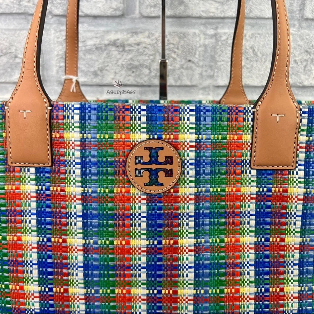 Tory Burch Ella Poly Woven Nylon Large Tote In Tory Navy Multi - Picture 2 of 11